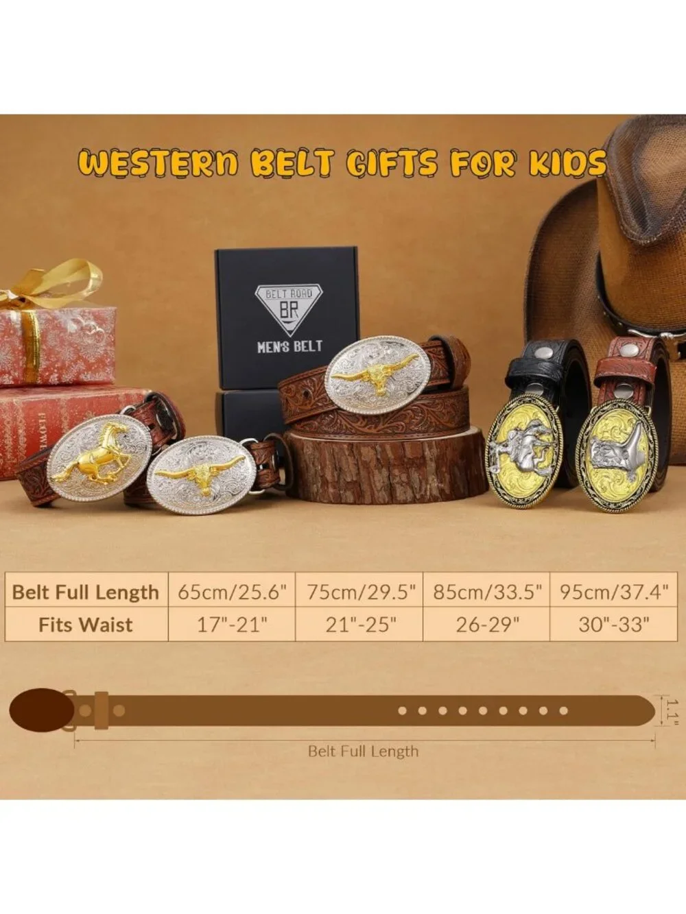 Kids Western Cowboy Belt - Genuine Leather, Embossed, Removable Buckle, Perfect